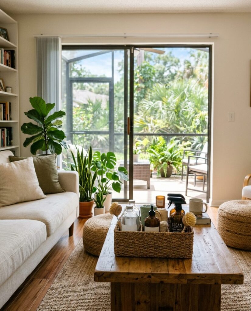 Clean, bright Florida living room with eco-friendly cleaning supplies