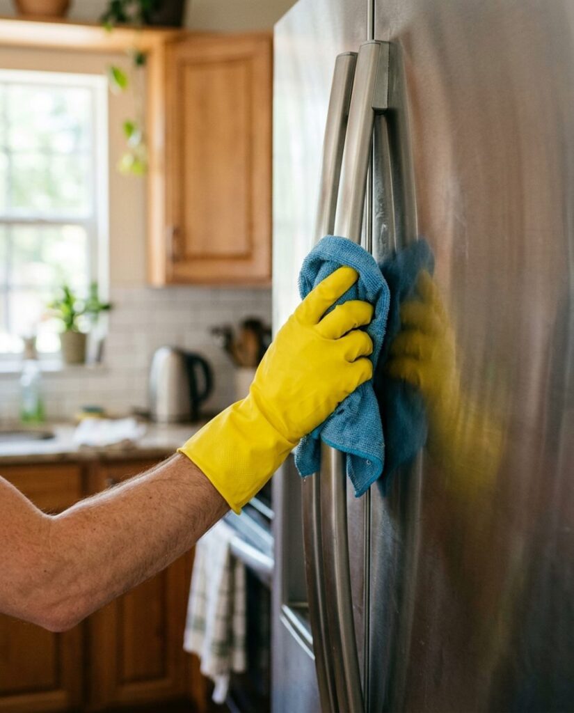 Gloved hand cleaning a refrigerator handle, a high-touch kitchen surface