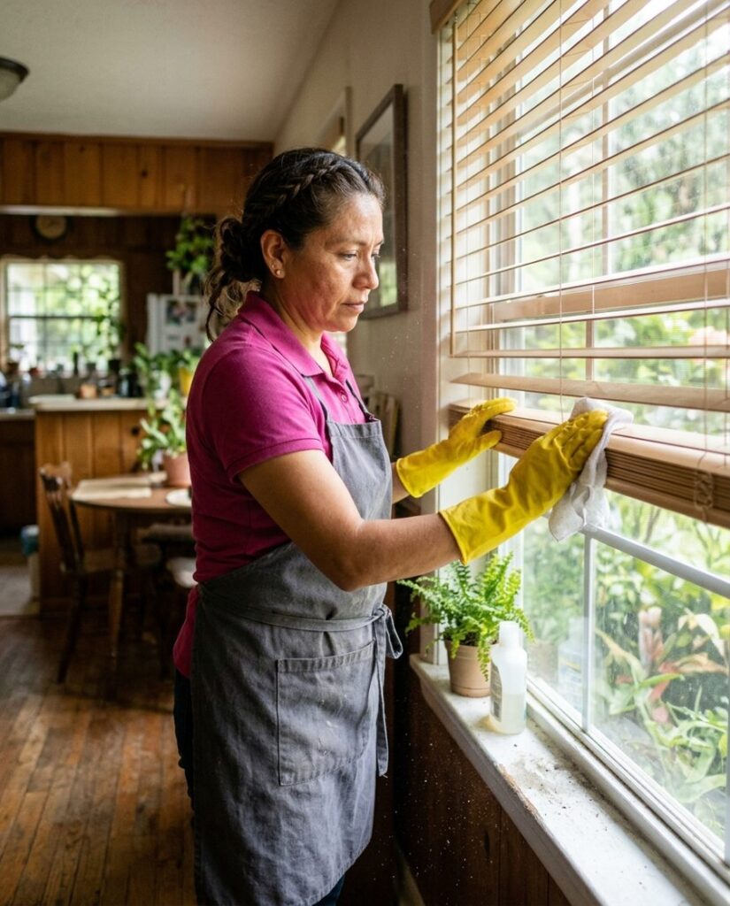 Cleaner dusting window blinds in a humid Gainesville home