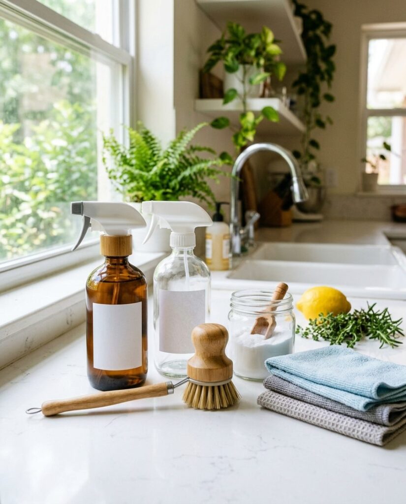 Eco-friendly cleaning supplies in refillable glass bottles on a kitchen counter