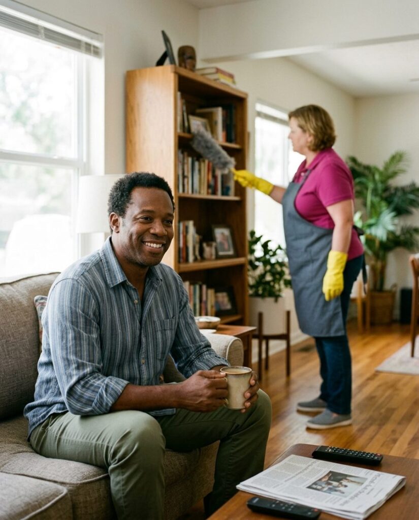 Homeowner relaxing while a professional cleaner dusts shelves in Gainesville