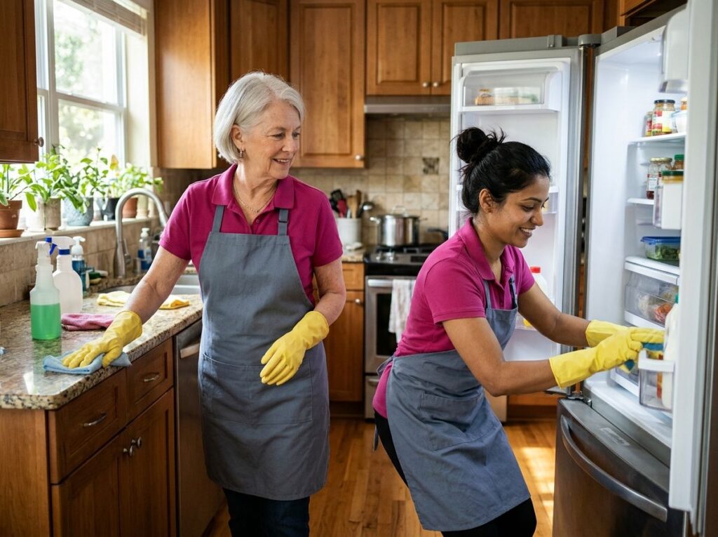 Two cleaners deep cleaning a kitchen together