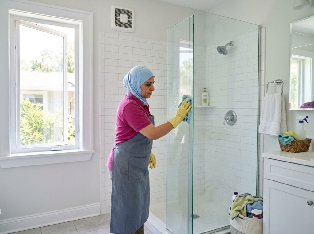 Cleaner wiping shower glass in a humid Florida bathroom