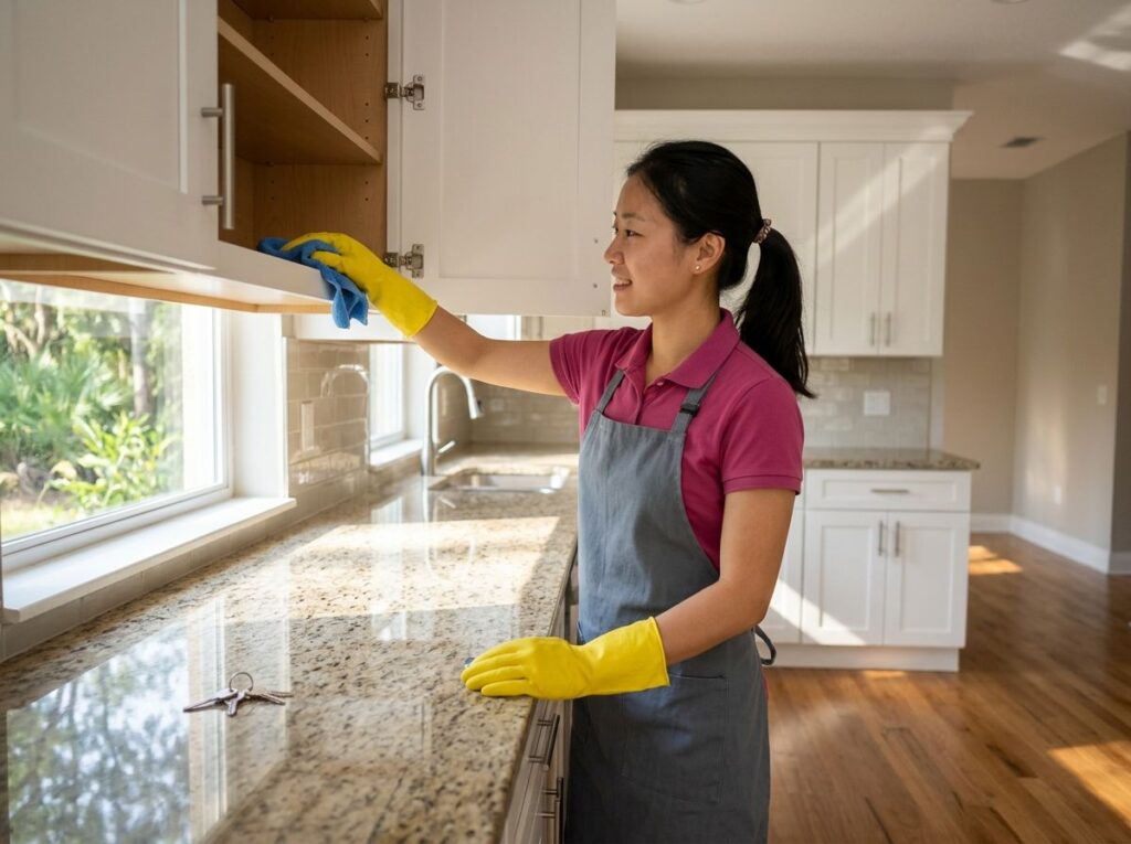 Cleaner wiping empty kitchen cabinets during a move-out clean